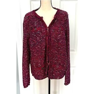 J.Jill Women's Burgundy Red Tweed Fringed Knit Blazer Cardigan Jacket L TALL